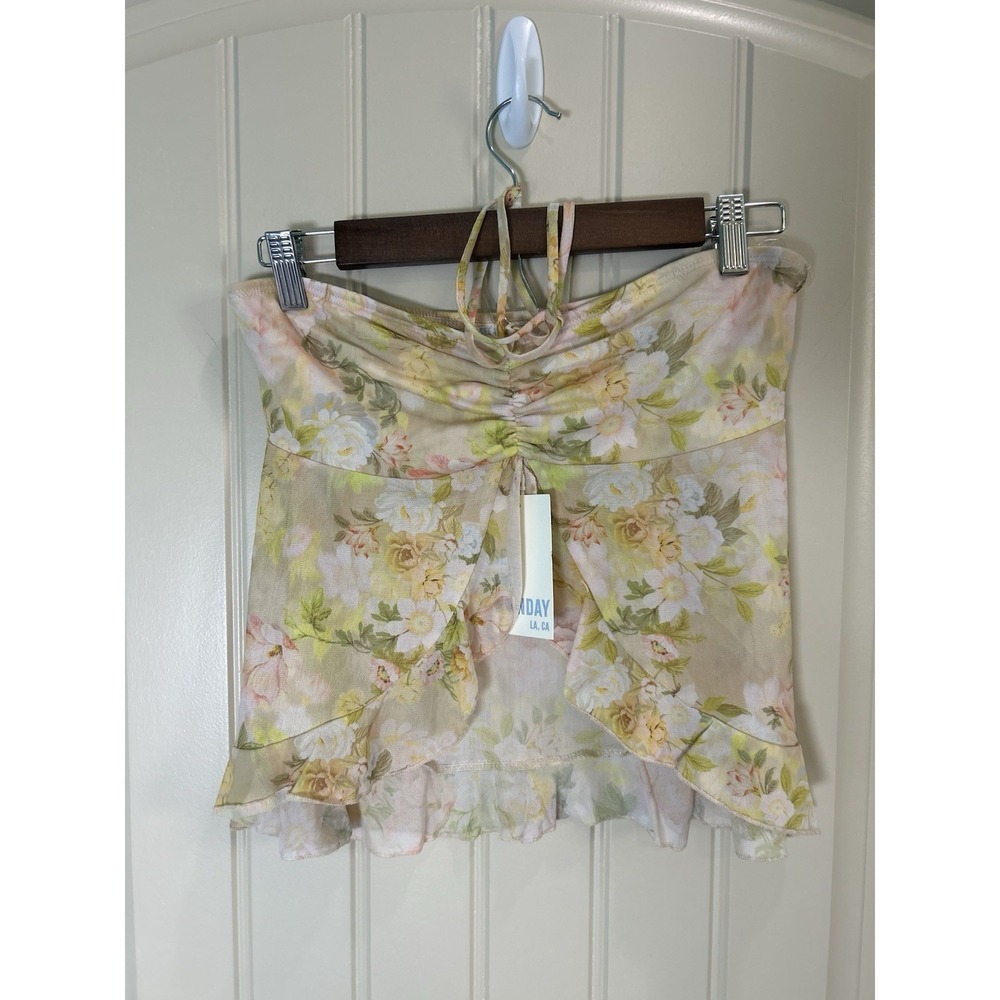 See You Monday Floral Mesh Halter Top Large Yellow Ruffle Fairycore Resort